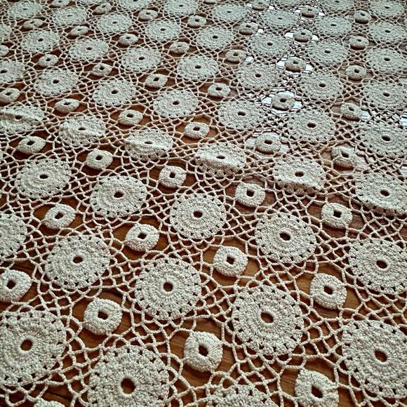 Vintage Hand-Crocheted Lace Tablecloth – Ivory Round Motif Design, 51” x 49 - Picture 7 of 12